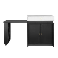 Modern Bar Table with 4-in-1 Extendable Pull-Out Table and Lockable Wheels, Kitchen Island with Adjustable Shelf, 82.5" L x 32.5" W x 28" H, Black(m-2)