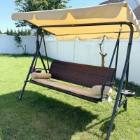 Outsunny Outdoor 3-Seat Porch Swing with Canopy, Rattan Seat, Removable Cushion, Pillows and Steel Frame(m-9)