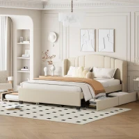 Upholstered Queen Platform Bed with Wingback Headboard and 2 Storage Drawers, Multi-Functional Bed Frame with Wood Slat, 86'' L x 65'' W x 43'' H, Beige(m-1)