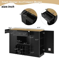 Modern Wine Bar Cabinet with Built-In Power Outlet, Versatile Sideboard with Adjustable Shelves, 47" L x 15.5" W x 34" H, Black+Natural(m-3)
