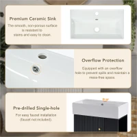 Modern Floating Bathroom Vanity with Ceramic Basin and Right Side Storage, Cabinet with Gold Handle, 21.5" L x 12" W x 26.5" H, Black+White(m-7)