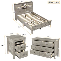 3-Piece Full Size Bedroom Set with Storage Headboard, Farmhouse Platform Bed Set with Charging Station, 83.5" L X 56.5" W X 40.5'' H, Antique Gray(m-3)