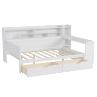 Full Size Daybed with 2 Large Drawers and Built-In Study Desk, Space-Saving Guest Bed with Side Storage Shelves, 91.5'' L x 65'' W x 45'' H, Antique White(m-2)