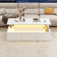 Sleek Lift-Top Coffee Table with Hydraulic Lift and App-Controlled LED Lighting, Versatile Center Table with Hidden Storage, 39.5" L x 19.5" W x 15.5" H, White(m-1)