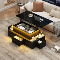 Sleek Lift-Top Coffee Table with Hydraulic Lift and App-Controlled LED Lighting, Versatile Center Table with Hidden Storage, 39.5" L x 19.5" W x 15.5" H, Black(m-1)