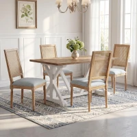 Set of 2 Dining Chairs with Padded Seats and Cane Backrest, Cane Back Dining seating with Rubberwood Frame, 20'' L x 22'' W x 39.5'' H, Grey+Green(m-7)