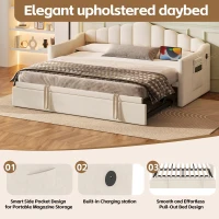 Upholstered Twin Size Daybed with Height-Adjustable Pop-Up Trundle, Lift-Up Trundle Bed with Type-C Charging Port, 82.5'' L x 41'' W x 40'' H, Beige(m-4)