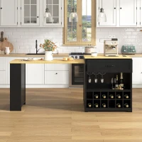 Practical Bar Table with Extendable Rolling Foldable Top, Solid Kitchen Island with Double-Sided Drawers, 82.5" L x 27.5" W x 38.5" H, Black+Natural(m-4)