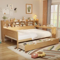 Wooden Full Size Daybed with Built-In Study Desk and 2 Storage Drawers, Space-Saving Guest Bed with Side Shelving, 91.5'' L x 65'' W x 45'' H, Natural(m-4)