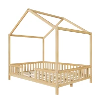 Full-Size Montessori Floor Bed with High Guard Railings, Natural Finish Bed Frame for Kid-Friendly Room, 78.5'' L x 56.5'' W x 78'' H, Natural(m-10)
