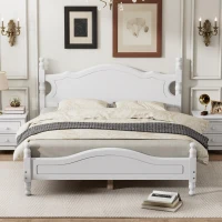 Queen Size Wood Platform Bed with Retro Headboard and 10 Slats, White Wood-Finished Bed Frame with Plywood, 85'' L x 62.5'' W x 39.5'' H, White(m-4)
