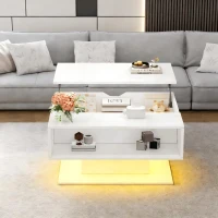 Hydraulic Lift Coffee Table with App-Controlled LED Lighting, Versatile Center Table with Hidden Storage, 29.5" L x 31.5" W x 21" H, White(m-4)