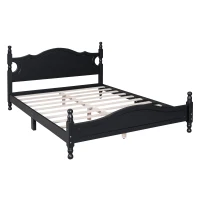 Queen Size Platform Bed with Retro Headboard and 10 Plywood Slats, Durable Bed Frame with Plywood Construction, 85'' L x 62.5'' W x 39.5'' H, Black(m-12)