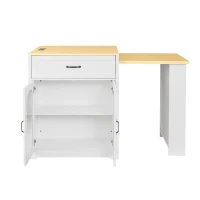 Practical Bar Table with Extendable Rolling Foldable Top, Solid Kitchen Island with Double-Sided Drawers, 82.5" L x 27.5" W x 38.5" H, White+Natural(m-8)