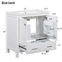 30" Bathroom Vanity with Single Sink, Solid Wood Frame, Multifunctional Storage Cabinet with Soft-Close Doors, 30" L x 18.5" W x 34" H, White(m-3)
