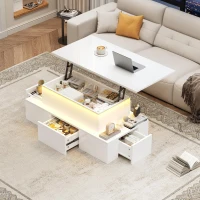 Sleek Lift-Top Coffee Table with Hydraulic Lift and App-Controlled LED Lighting, Versatile Center Table with Hidden Storage, 39.5" L x 19.5" W x 15.5" H, White(m-8)