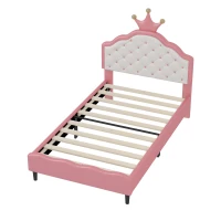 Twin Princess Platform Bed with Crown-Shaped Tufted Headboard, Crown Fantasy Bed Frame with Plywood Frame, 77.5'' L x 41'' W x 48.5'' H, Pink(m-10)