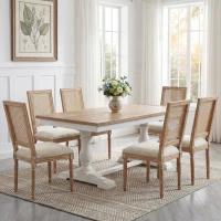 Set of 2 Dining Chairs with Rectangular Cane Backrest and Fluted Legs, Vintage Dining Seating with Rubberwood Frame, 20'' L x 22'' W x 39.5'' H, Beige(m-7)