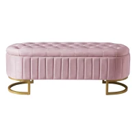 Upholstered Velvet Storage Ottoman with High-Resilience Foam Seat, Button-Tufted Storage Bench with Hidden Storage, 47'' L x 15.5'' W x 16.5'' H, Pink(m-2)