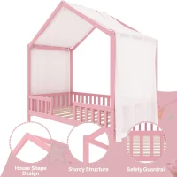 Twin-Size House-Style Toddler Bed Frame with 4-Sided High Railings, Montessori Floor Bed with Canopy, 78.5'' L x 41.5'' W x 78'' H, Pink(m-6)