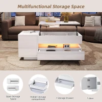 Height-Adjustable Coffee Table with App-Controlled RGB LED Lighting, Modern Center Table with Hidden Storage, 37.5" L x 19.5" W x 15.5" H, White(m-4)
