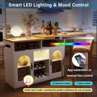 Multifunctional Bar Table with App-Controlled LED Lighting, Stylish Kitchen Island with Extendable Rolling Top, 47" L x 15.5" W x 36.5" H, White+Natural(m-4)