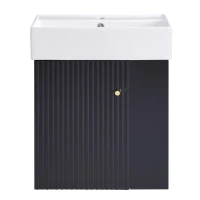 Modern Floating Bathroom Vanity with Ceramic Basin and Right Side Storage, Cabinet with Gold Handle, 21.5" L x 12" W x 26.5" H, Black+White(m-1)