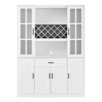 Tall Wine Cabinet with Wine Rack and Stemware Holder, 4-Door Storage Cabinet with Semi-Open Shelf, 52" L x 15.5" W x 74" H, White(m-2)