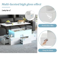 Sleek Lift-Top Coffee Table with Hydraulic Lift and App-Controlled LED Lighting, Versatile Center Table with Hidden Storage, 39.5" L x 19.5" W x 15.5" H, White(m-5)