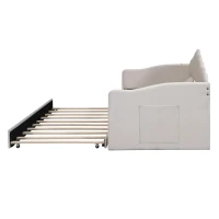 Twin Upholstered Daybed with Trundle and 2 USB Charging Ports, Velvet Sofa Bed with Side Storage Pockets, 80'' L x 42'' W x 40'' H, Beige(m-11)