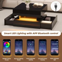 Lift-Top Coffee Table with App-Controlled LED Lighting and Liftable Top, Compact Center Table with 2 Drawers, 25.5" L x 25.5" W x 15" H, Black(m-6)