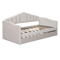Twin Upholstered Daybed with Trundle and 2 USB Charging Ports, Velvet Sofa Bed with Side Storage Pockets, 80'' L x 42'' W x 40'' H, Beige(m-7)