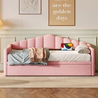 Twin-Size Upholstered Daybed with Height-Adjustable Pop-Up Trundle, Space-Saving Trundle Bed with 2 Side Pockets, 82.5'' L x 41'' W x 40'' H, Pink(m-6)