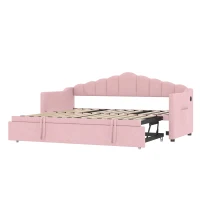 Twin-Size Upholstered Daybed with Height-Adjustable Pop-Up Trundle, Space-Saving Trundle Bed with 2 Side Pockets, 82.5'' L x 41'' W x 40'' H, Pink(m-10)