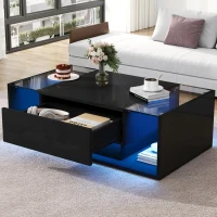 High-Gloss Coffee Table with Tempered Glass Storage, Compact Center Table with Semi-Open Shelf, 39.5″ L x 19.5″ W x 12″ H, Black(m-1)