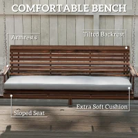 Outsunny 3 Seat Wooden Porch Swing with Stand, Patio Swing with Cushion, for Garden, Poolside, Backyard, Carbonized Brown(m-5)