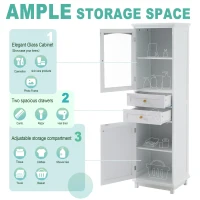 Tall Bathroom Storage Cabinet with Glass Doors, Free-Standing with Adjustable Shelves and Drawers, 18" L x 14" W x 63" H, White(m-6)