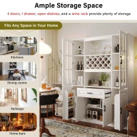 Tall Wine Cabinet with Wine Rack and Stemware Holder, 4-Door Storage Cabinet with Semi-Open Shelf, 52" L x 15.5" W x 74" H, White(m-4)