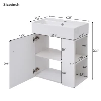Modern Floating Bathroom Vanity with Ceramic Basin and Right Side Storage, Cabinet with Rose Gold Handle, 21.5" L x 12" W x 26.5" H, White(m-3)