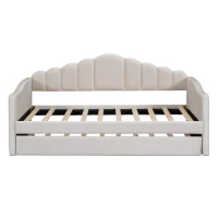 Twin Upholstered Daybed with Trundle and 2 USB Charging Ports, Velvet Sofa Bed with Side Storage Pockets, 80'' L x 42'' W x 40'' H, Beige(m-2)