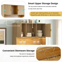 High Bar Cabinet with Smart LED Lighting (App & Music-Sync), Spacious Storage Cabinet with 9-Bottle Wine Rack, 42" L x 12" W x 72" H, Natural(m-5)