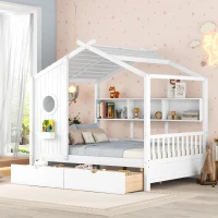 Full Size House Bed with Playful Pitched-Roof and Back Shelf, Wooden House Bed Frame with Sturdy Pine, 78'' L x 58'' W x 72'' H, White(m-1)