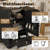 Stylish Bathroom Vanity with Ceramic Sink, Soft-Close Door & Drawer, Space-Saving Cabinet for Compact Washroom, 20'' L x 18.5'' W x 34'' H, Black(m-6)