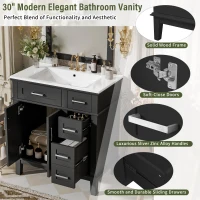Free-Standing Bathroom Vanity with Ceramic Undermount/Drop-In Sink, Modern Storage Cabinet for Small Condos, 30'' L x 18'' W x 34'' H, Black(m-6)