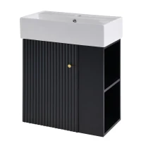 Modern Floating Bathroom Vanity with Ceramic Basin and Right Side Storage, Cabinet with Gold Handle, 21.5" L x 12" W x 26.5" H, Black+White(m-14)