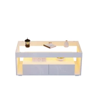 High-Gloss Coffee Table with App-Controlled RGB LED Strip, Spacious Center Table with Open Double-Layer Storage, 39.5" L x 19.5" W x 15.5" H, White(m-2)