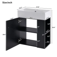 Modern Floating Bathroom Vanity with Ceramic Basin and Right Side Storage, Cabinet with Gold Handle, 21.5" L x 12" W x 26.5" H, Black+White(m-3)