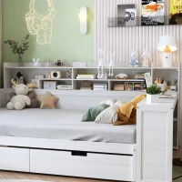 Full Size Daybed with 2 Large Drawers and Built-In Study Desk, Space-Saving Guest Bed with Side Storage Shelves, 91.5'' L x 65'' W x 45'' H, Antique White(m-6)