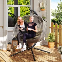 Outsunny Double Egg Chair with Stand, 2 Person Hanging Swing Egg Chair with Cushion, Pockets, Khaki(m-8)