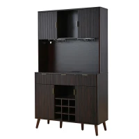 High Bar Cabinet with Smart LED Lighting (App & Music-Sync), Spacious Storage Cabinet with 9-Bottle Wine Rack, 42" L x 12" W x 72" H, Walnut(m-15)